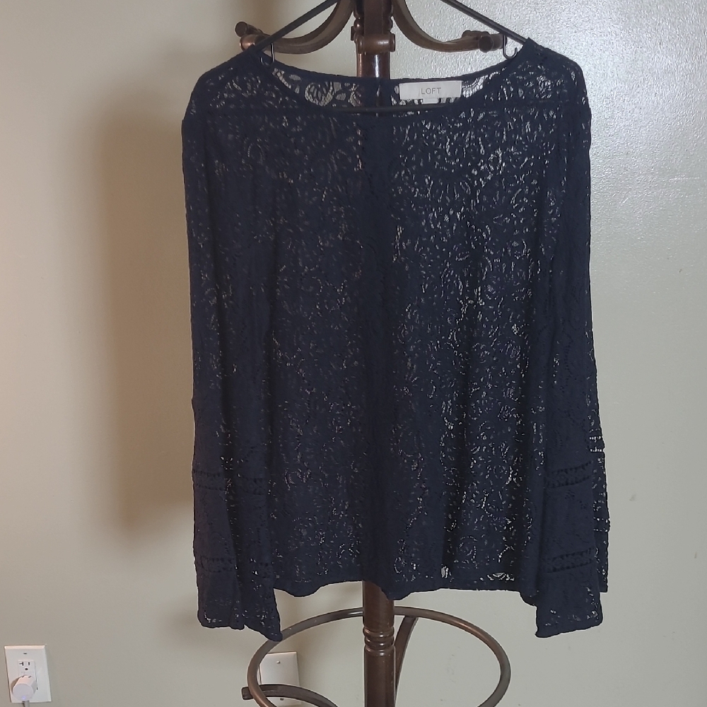 LOFT Navy Floral Lace Long Sleeve Blouse